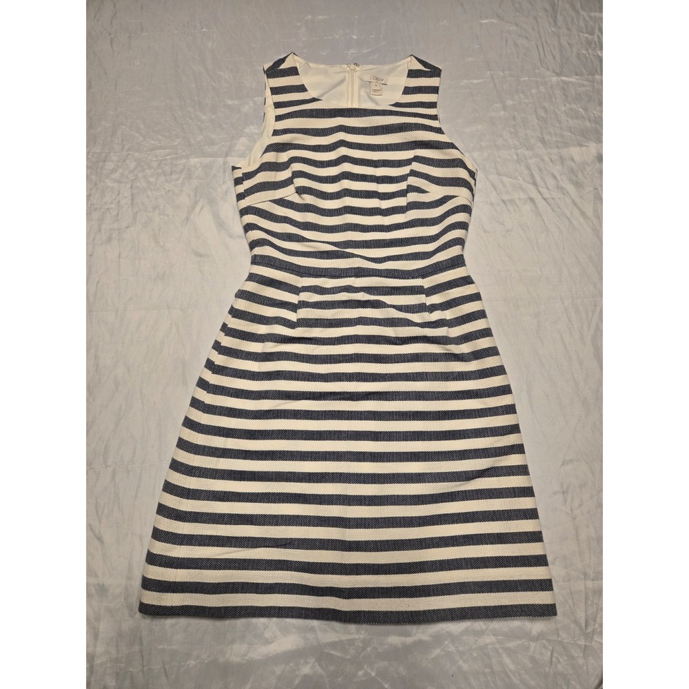 J Crew 100% Cotton‎ Navy/Cream Striped  Dress Lined Sleeveless Midi Womens 00